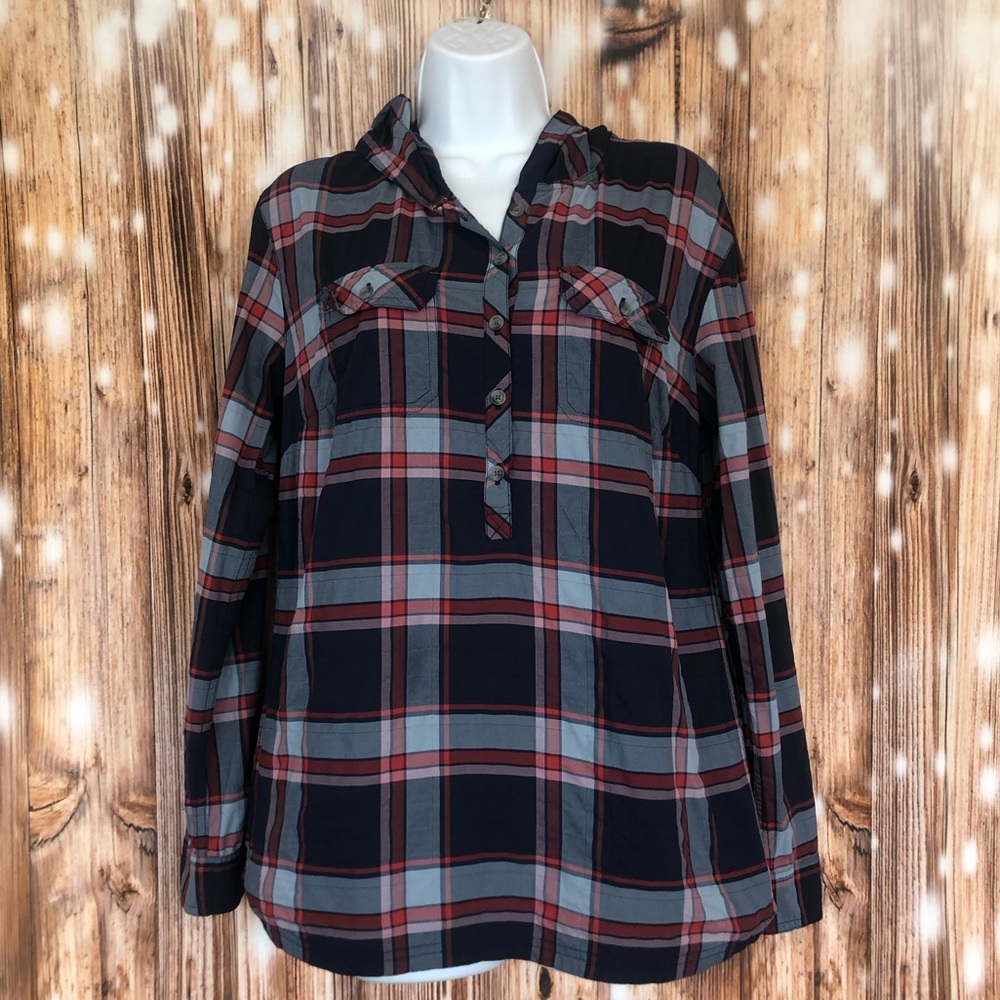 Eddie Bauer Red and Blue Plaid Hooded Long Sleeve Shirt